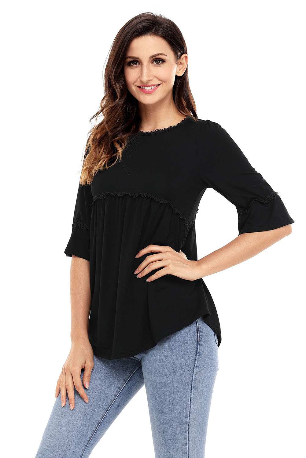 BY250232-2 Black Babydoll Long Tunic Top